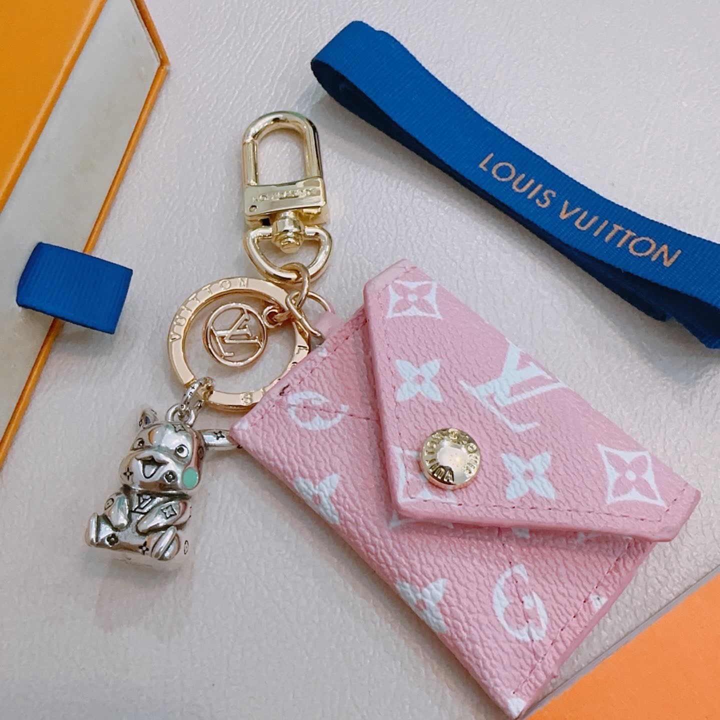 Louis Vuitton Pink Monogram Cardholder with Dog Charm